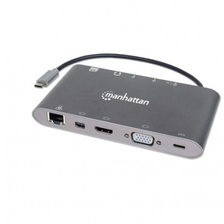 Manhattan USB-C Dock/Hub with Card Reader, Ports (x8): USB-C to HDMI, Audio 3.5mm, Ethernet, Mini Di