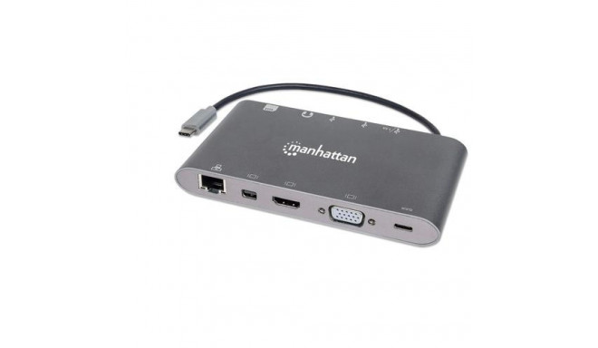 Manhattan USB-C Dock/Hub with Card Reader, Ports (x8): USB-C to HDMI, Audio 3.5mm, Ethernet, Mini Di