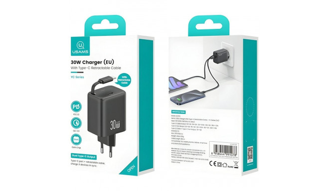 USAMS Charger 1xUSB-C with retractable USB-C Retractable PD+QC 30W Gan Fast Charging black
