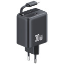 USAMS Charger 1xUSB-C with retractable USB-C Retractable PD+QC 30W Gan Fast Charging black/blac