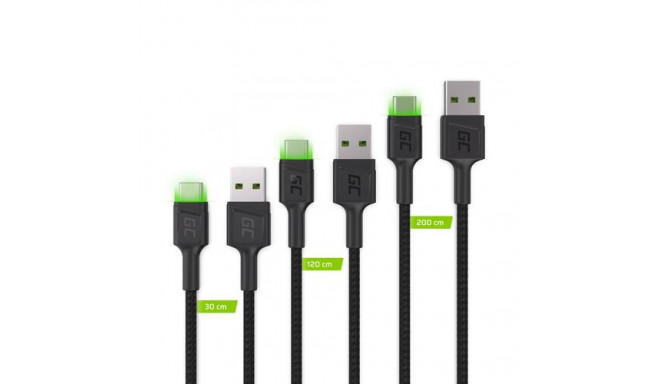 Green Cell Set 3x GC Ray USB-C Cable 30cm, 120cm, 200cm with green LED backlight, fast charging UC, 