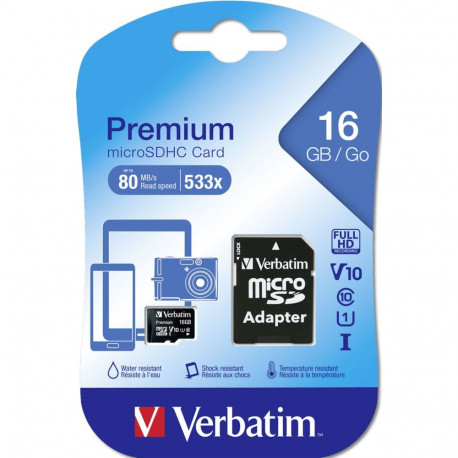 microSDHC Memory Card Verbatim with Adapter, 16Gb, Class 10 / UHS-1 U1 44082