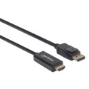 Manhattan DisplayPort 1.2 to HDMI Cable, 4K@60Hz, 1m, Male to Male, DP With Latch, Black, Not Bi-Dir