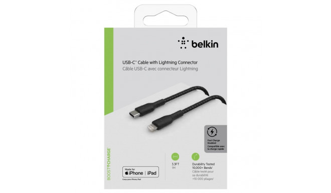 Belkin Lightning/USB-C kaabel 1m punutud, mfi sert., must