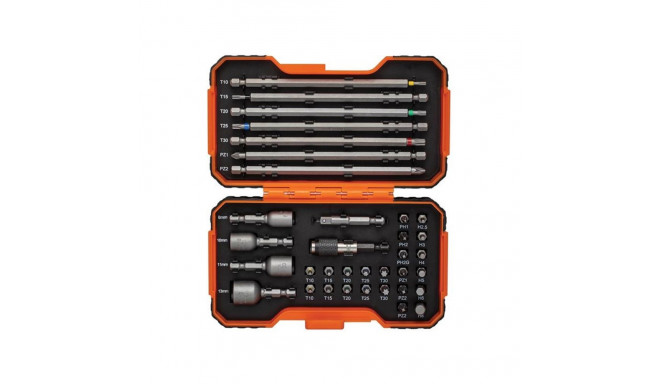 Bit set 1/4" 35 pcs colour coded with 2 adaptors PH,PH2G,PZ,SL,Hex,TORX 25mm 22 pcs, 150mm 7 pcs
