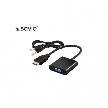 Savio HDMI adapter - D-Sub (VGA) + Jack 3,5 mm VGA | HDMI, 3,5 mm stereoklemm x2, 0,2 m, must