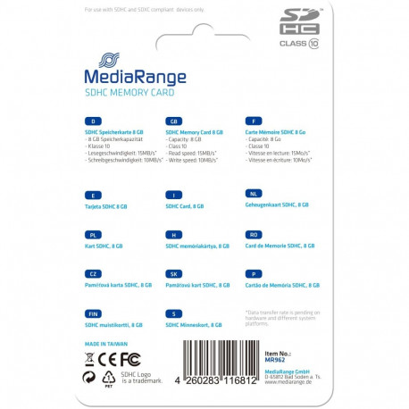 "CARD MediaRange Card 8GB SDHC CL.10"
