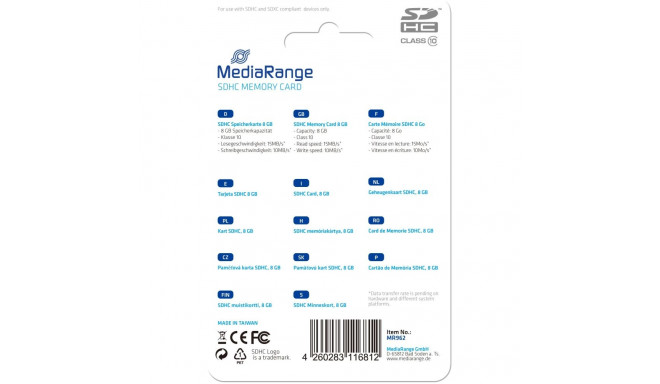 "CARD MediaRange Card 8GB SDHC CL.10"