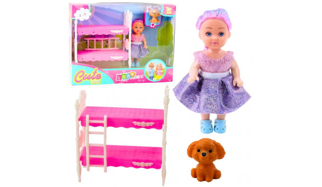 Zestaw Mini Laleczka W Sukience Łóżeczko Dwupiętrowe Piesek