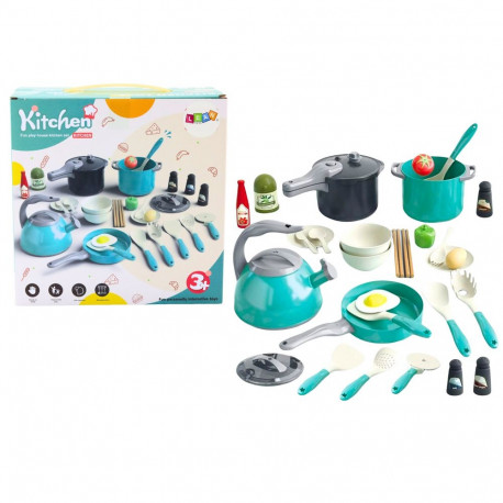 Väikese koka komplekt potid nõud toiduained 33-osaline