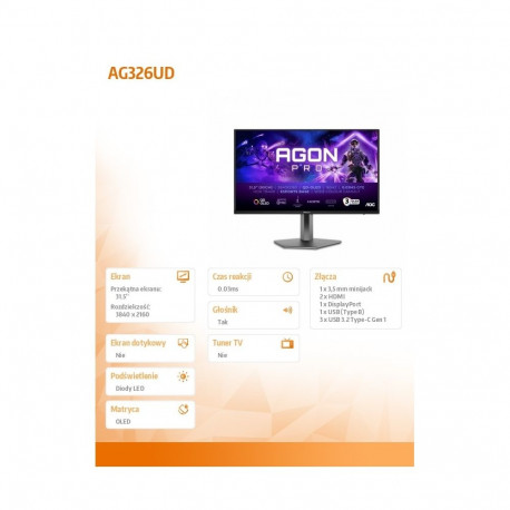 AG326UD 31.5-tolline 4K QD-OLED 165Hz HDMIx2 DP pööratav kõlaritega monitor
