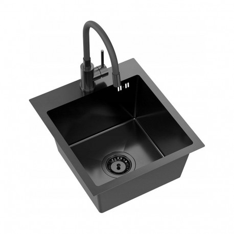 QUADRON LUKE 90 sink, black metal steel sink (40x45x20) with 1-bowl siphon without + flexible black