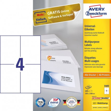 Avery etiketid 3483, ristkülikukujulised, püsiliimiga, 400tk, valged