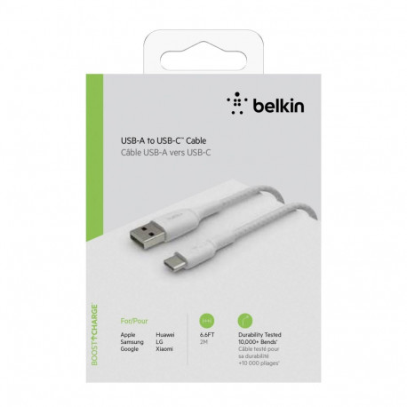 Belkin USB-C/USB-A kaabel 2m punutud, valge CAB002bt2MWH