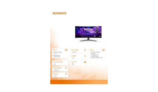 Monitor AG346UCD 34 cale 175Hz Curved QD-OLED HDMIx2 DP HAS Głośniki