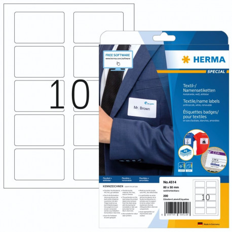 Herma nimetähised 4514 tekstiilile mõeldud 80x50mm 200pcs., valge