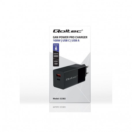Power Charger - Qoltec 52382 GaN 100W PD USB Type-C & A Black