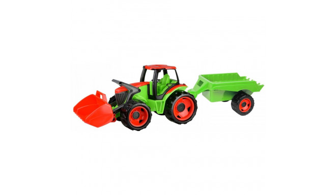 Pojazd traktor z łyżką i przyczepą czerwono-zielony