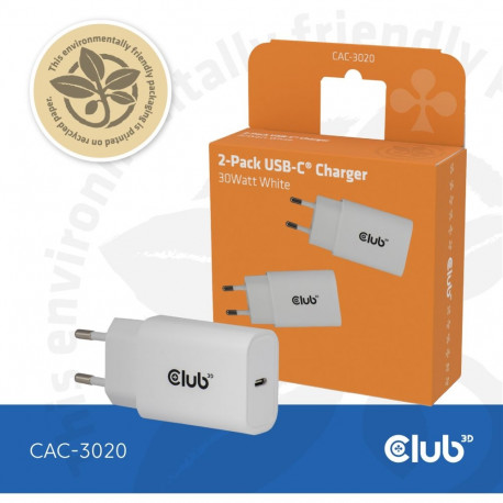 "Club3D Lifestyle Ladegerät USB-C 30Watt. 2Stk weiß retail"