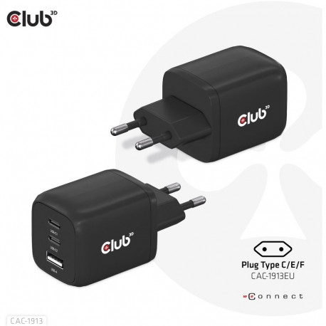 "Club3D Ladegerät 2xUSB Typ C. 1xUSB Typ A. PD 65W. GaN retail"