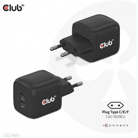 "Club3D Ladegerät 2xUSB Typ C PD 45W. GaN retail"