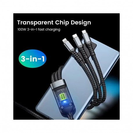 100W 3 In 1 Transparent Pilot Lamp Super Fast Charging Cable 6A Universal with Type C, Micro-USB, Li