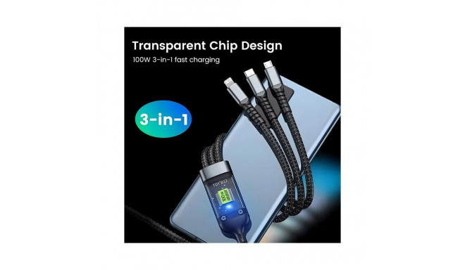 100W 3 In 1 Transparent Pilot Lamp Super Fast Charging Cable 6A Universal with Type C, Micro-USB, Li