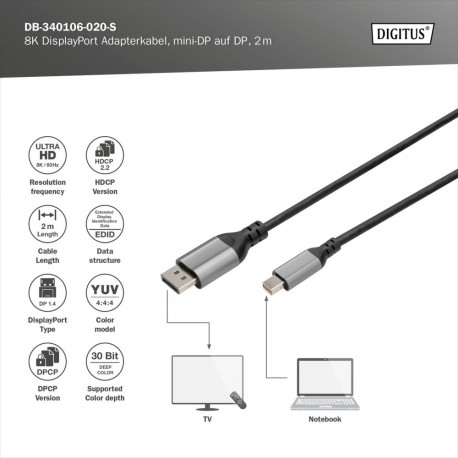 Digitus 8K DisplayPort adapterkaabel, Mini DP - DP, 2 m, DB-340106-020-S