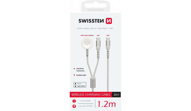 Swissten 2in1 juhtmevaba laadija Apple Watchi ja USB-C jaoks / USB-C / 1,2 m