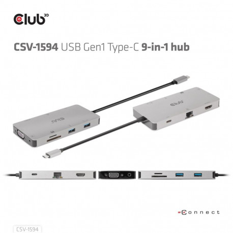 CLUB3D USB Gen1 Type-C 9-in-1 hub with HDMI, VGA, 2x USB Gen1 Type-A, RJ45, SD/Micro SD card slots a