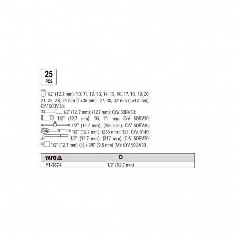Tööriistakomplekt 1/2" (25tk.) YT-38741 YATO