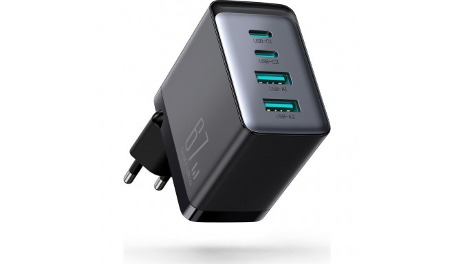 Joyroom TCG02 GaN 67W 4-pordiline laadija (2x USB, 2x USB-C) must + USB-C/USB-C 100W 1,2 m kaabel