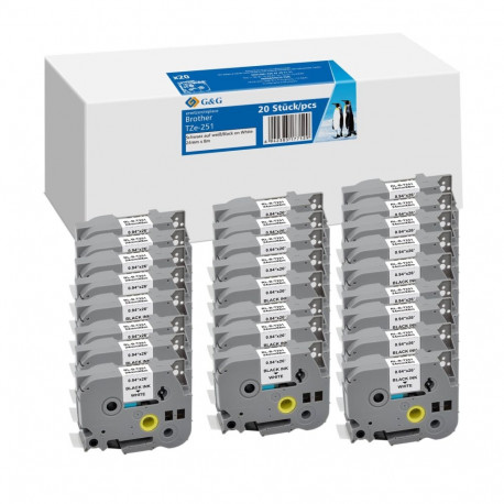 20x G&G Label Tape 24mmx8m B/W compatible with Brother TZe-251