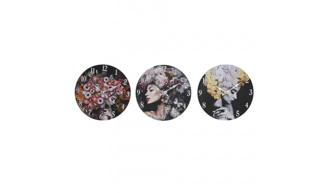 Wall Clock DKD Home Decor Black Multicolour Flowers Modern MDF Wood (34 x 4 x 34 cm) (3 Units)