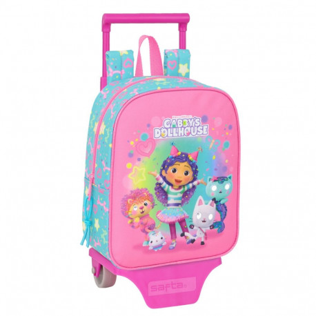 School Rucksack with Wheels Gabby's Dollhouse Confetti Pink Turquoise 22 x 27 x 10 cm