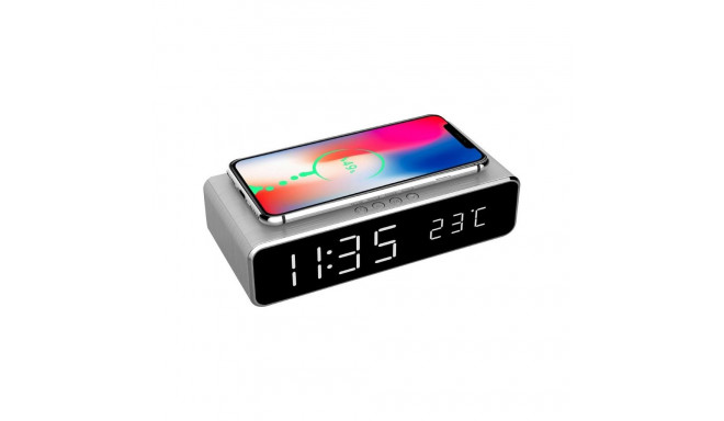 Gembird Digital Alarm Clock with Wireless Charging, Silver