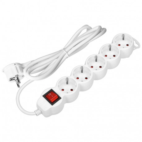 5-kordne pikendusjuhe 2P+Z (Schuko), lülitiga, 3m H05VV-F 3x1,5mm2, Imax=16A, lame pistik, valge