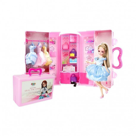 Lalka Modelka Zestaw Ubrań Garderoba Biżuteria w Walizce Blond