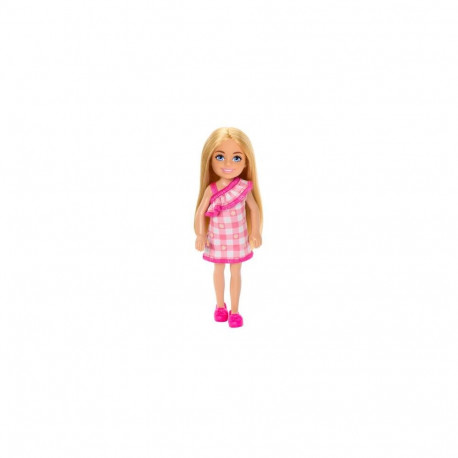Barbie Chelsea Doll, Small Doll Wearing Removable Checked Dress with Blonde Hair & Blue Eyes