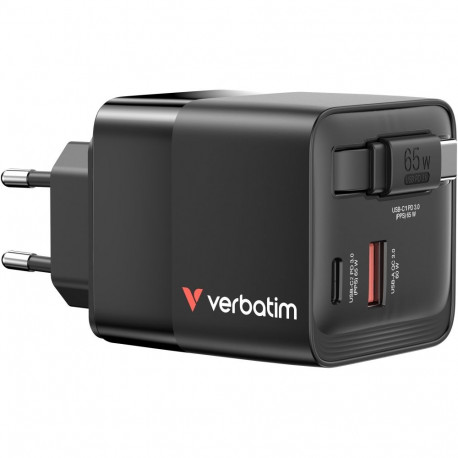 Verbatim GaN charger 65W, 1x USB-A, 2x USB-C, retractable cable (black, PD 3.0, QC 3.0)