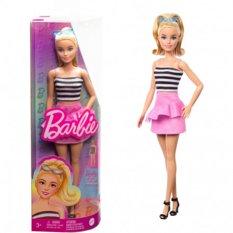 Mattel Barbie Fashionistas doll with black and white top and pink skirt