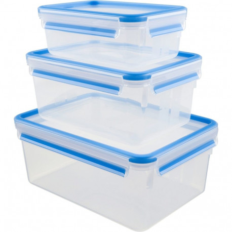 CLIP & CLOSE Frischhaltedosen-Set, 3-teilig (transparent/blau, rechteckig, 3 Dosen + 3 Deckel)