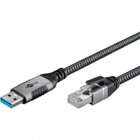 Goobay Ethernet cable USB-A 3.2 Gen1 plug > RJ-45 plug (black/silver, 3 meters, braided textile shea