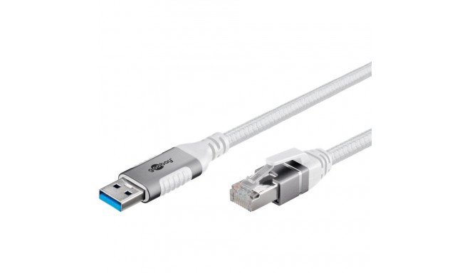 goobay Ethernet cable USB-A 3.2 Gen1 plug > RJ-45 plug, LAN adapter (white, 2 meters, braided textil