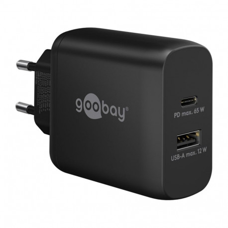 goobay USB-C dual quick charger, PD, GaN, 65 watts (black, 1x USB-C, 1x USB-A, Power Delivery)