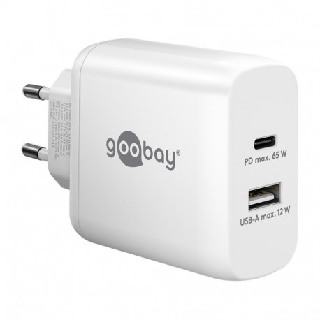 USB-C Dual-Schnellladegerät, PD, GaN, 65 Watt (weiß, 1x USB-C, 1x USB-A, Power Delivery)