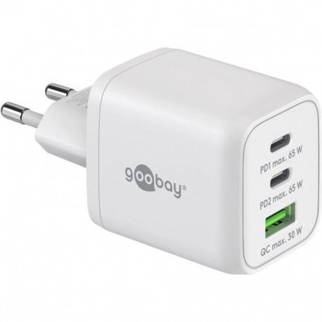 goobay USB-C fast charger Nano, PD, GaN, 65 watts (white, 1x USB-A, 2x USB-C PD, Charge 3.0)