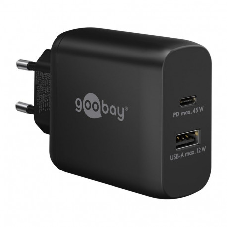 USB-C PD topeltkiirlaadija 45W 1x USB-A 1x USB-C PD GaN-tehnoloogia, must