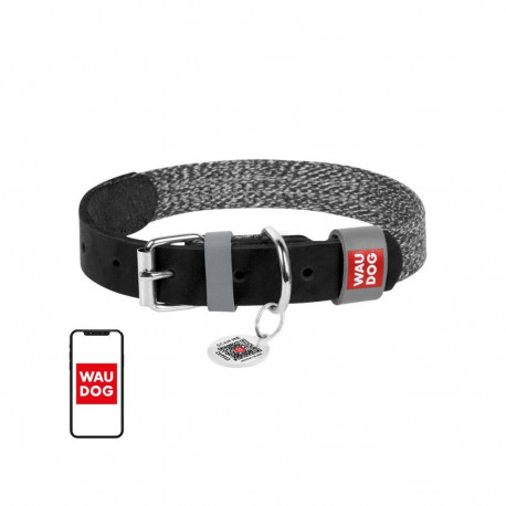 Dog collar made of natural leather and recycled material with QR code Waudog size S, width 15 mm, bl