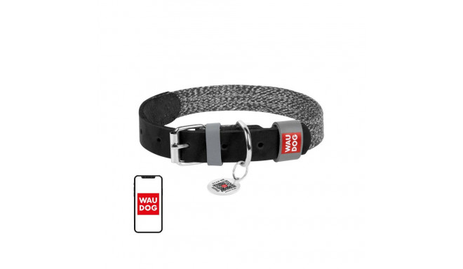 Dog collar made of natural leather and recycled material with QR code Waudog size S, width 15 mm, bl